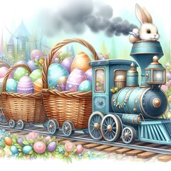 Easter train, carriages in the form of baskets, watercolor
