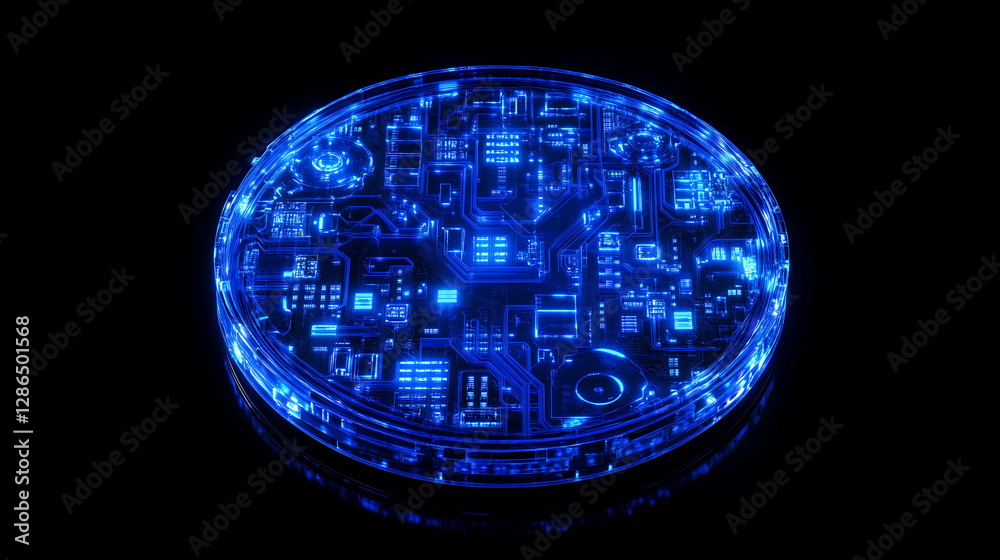 Wall mural futuristic technology background with glowing circular holograms and circuit board elements. high-te