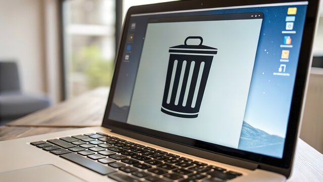 Laptop Computer Displaying Trash Can Icon, Representing Data Deletion or File Removal
