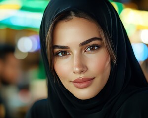 Stylish woman black hijab glowing fair complexion striking gaze illuminated blurred city lights nighttime elegance sophisticated beauty fashion