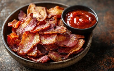 Smoky bacon chips with barbecue sauce on a deep mahogany background
