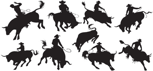 Bull Rider Silhouette, Bull Rider icon vector, Set of rodeo on bulls silhouette, Bull Buffalo Rider Silhouette, isolated white background, Vector Illustration