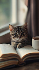 Cat Book Coffee Cozy Indoors Reading Pet Animal Feline Domestic Beverage Literature Learn Study Relax Comfort Home House Leisure Hobby Still Life
