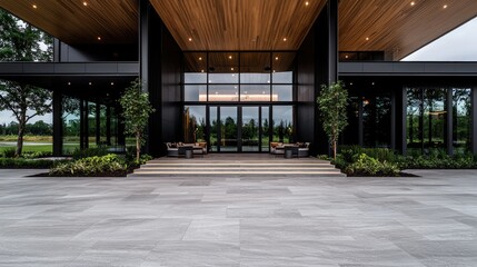 Modern home entrance, patio seating, golf course view, luxury real estate