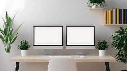 Dual Monitor Home Office Workspace with Bookshelves and Potted Plant