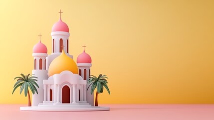 Colorful 3D illustration exotic mosque warm yellow pink backdrop fantasy architecture modern digital art cultural beauty contemporary religious design