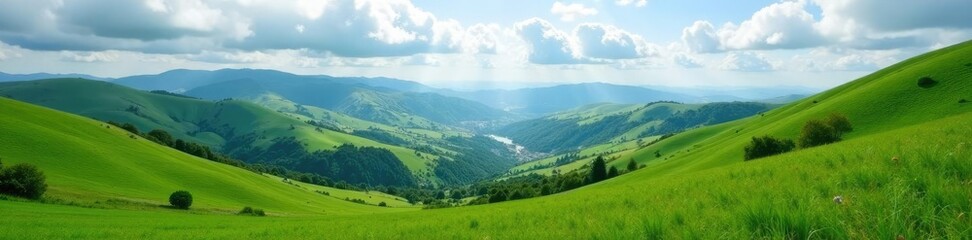 Obraz premium Verdant hills and valleys stretch to infinity under cloudy skies, weather, landscape