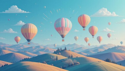 Obraz premium Vibrant Digital Illustration Colorful Hot Air Balloons Scenic Rolling Hills Bright Blue Sky - Symbolizing Adventure Travel Tourism Marketing Materials