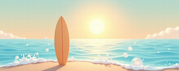 A serene beach scene at sunset featuring a surfboard against gentle waves, evoking a sense of relaxation and adventure.