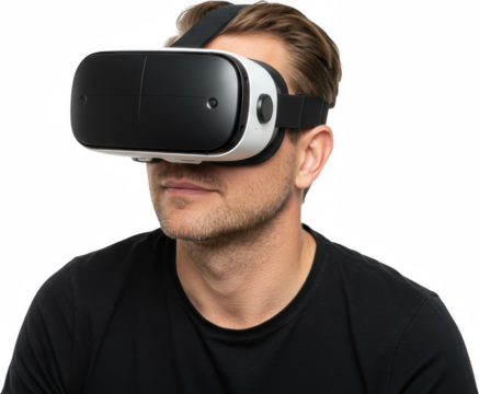 Man Experiencing Virtual Reality Headset Immersive Technology