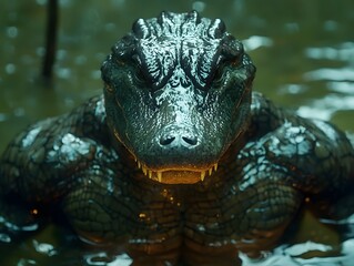 Fototapeta premium Powerful Reptilian Bodybuilder Posing Beside Glowing Swamp