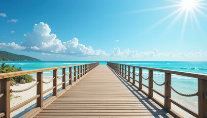 Fototapeta premium Tropical Wooden Pier Overlooking Turquoise Ocean Bright Blue Sky - Summer Beach Vacation Marketing Travel Promotions