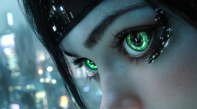 Cybernetic Green-Eyed Girl in a Neon City
