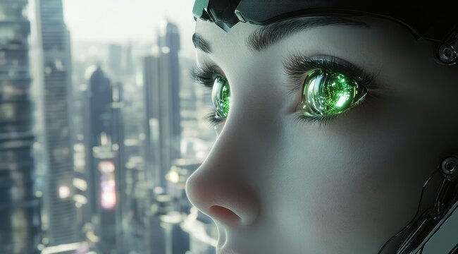 Close-Up of a Cyberpunk AI Girl with Glowing Green Tech Eyes