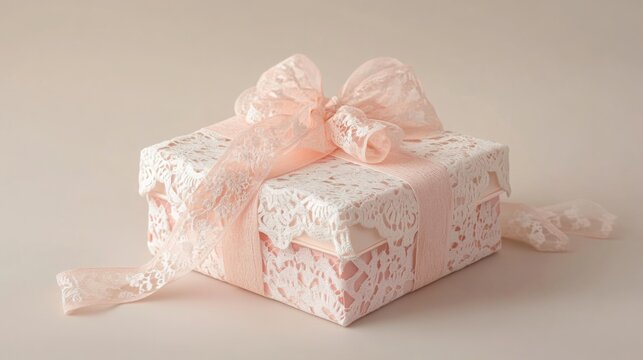 Elegant lace wrapped gift box with a soft pink ribbon ready for a special occasion