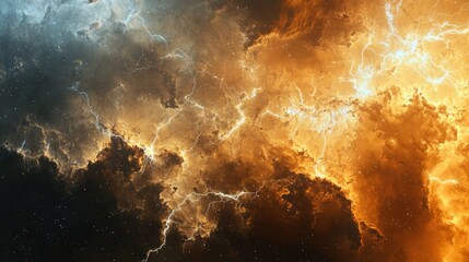 A celestial storm tears through a nebula, creating an intricate tapestry of interstellar lightning