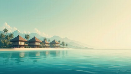 Modern Minimalist Digital Illustration Tropical Beach Huts, Palm Trees, Serene Water Reflection - Travel Tourism Promotions, Vacation Getaways, Relaxation Themes