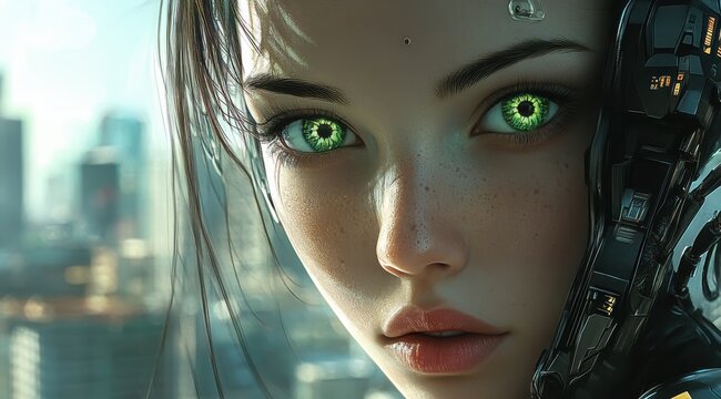 Cyberpunk AI Girl with Green Eyes and Futuristic Tech Implants