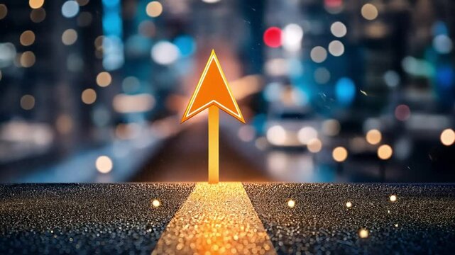 A glowing arrow stands upright on a dimly lit road, guiding the way through blurred city lights. Concept of direction, urban energy, and the promise of forward momentum.