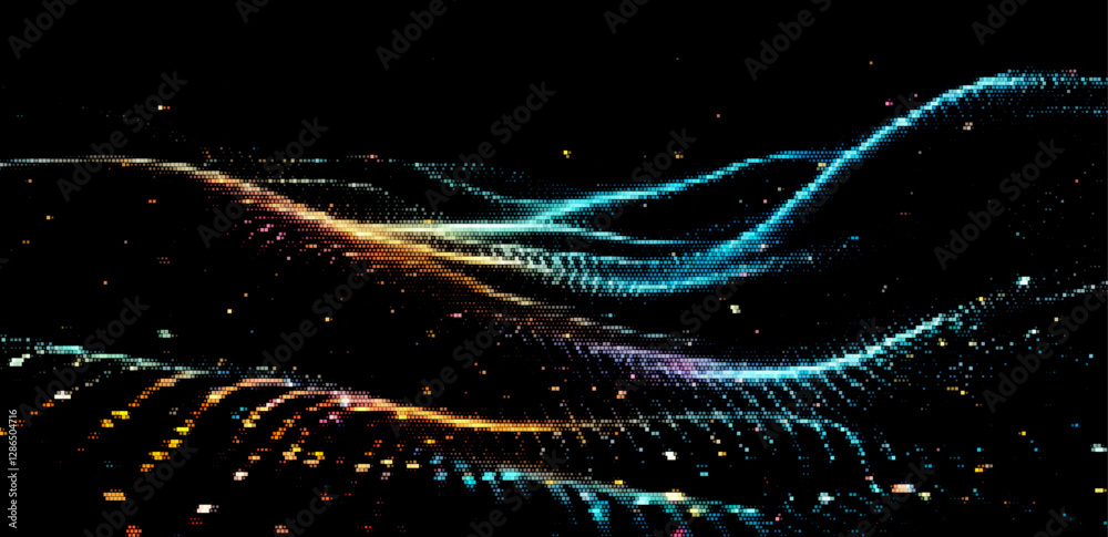 Leinwandbilder vector illustration depicts a futuristic digital landscape, featuring glowing, pixelated waveforms o