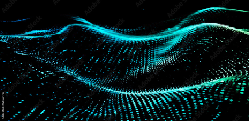 Fototapete A flowing vector illustration of abstract blue waves formed by dynamic particles on a dark background. Perfect for tech-themed designs.
