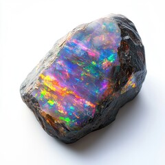 Unique multicolored polished boulder opal gemstone isolated on white