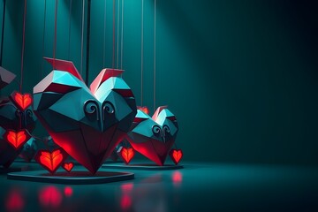 Futuristic geometric hearts with neon glow – abstract love and technology concept in 3d. Valentine’s campaigns with digital twist or creative assets for gaming, music covers, motion graphics