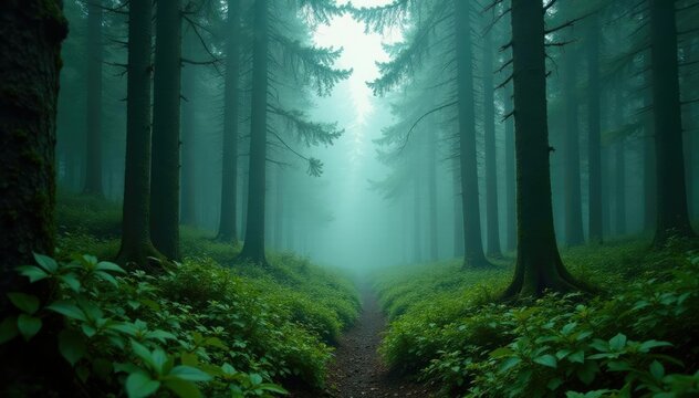 Dense coniferous foliage covering misty forest floor, mist, forest floor, evergreen - Powered by Adobe