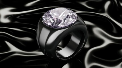 Black men's ring with large, clear gemstone on black silk.