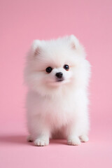 Fototapeta premium White Pomeranian Dog Pink Background Studio Puppy Pet Animal Canine Mammal Fluffy Cute Adorable Playful Happy Friend Companion Domestic Breed Small Toy