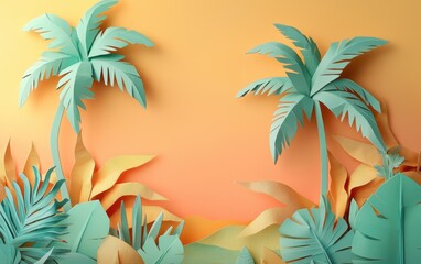 Origami palm tree with layered paper leaves, tropical feel, on soft sunset orange background