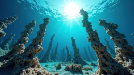 Underwater view of bleached coral pillars on sandy ocean floor with sunlight filtering through	
