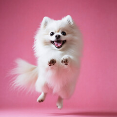 Obraz premium White Pomeranian Dog Pink Background Studio Puppy Pet Animal Canine Mammal Fluffy Cute Adorable Playful Happy Friend Companion Domestic Breed Small Toy
