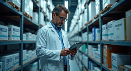 Dressed in a lab coat, a pharmacist inspects digital records on a tablet amid organized shelves filled with medical supplies, capturing the essence of diligent healthcare management