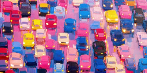 Obraz premium A vibrant painting showcasing a diverse collection of cars, each uniquely colored, capturing the essence of automotive variety and artistic expression.