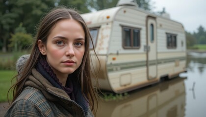 A young woman stands by a tranquil lake, her expression reflecting contemplation as she looks towards an old caravan sitting in shallow water