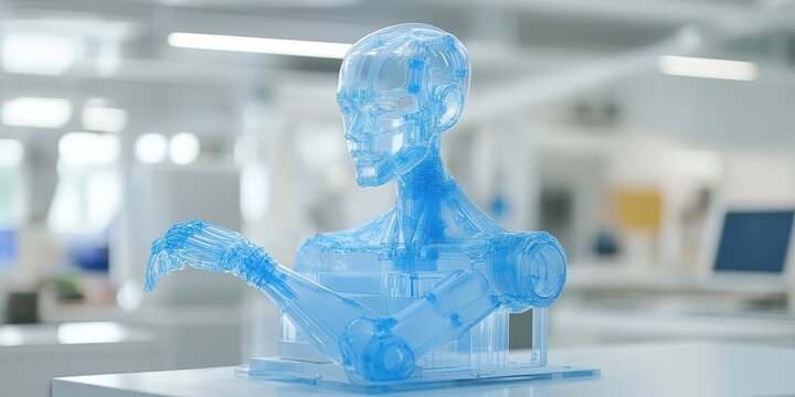 A striking blue plastic sculpture depicts a man, featuring a distinct head, showcasing contemporary art's playful approach to form and color.