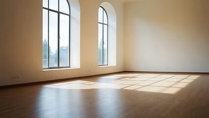Obraz premium Sunlight Streaming Through Arch Windows in Empty Room with Hardwood Floor