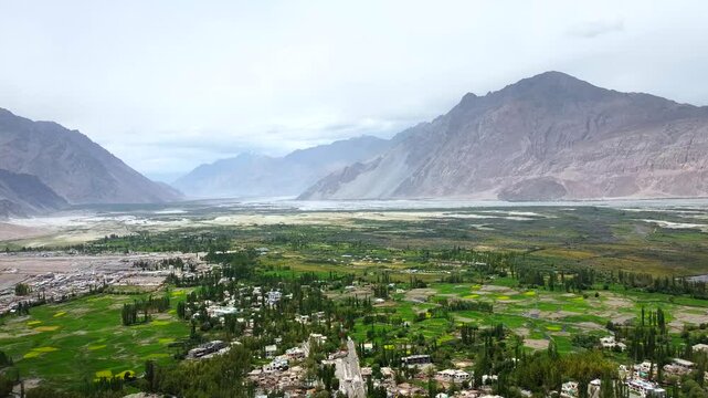An aerial view of the Diskit village in Nubra Valley. Diskit is a village and headquarters of the Nubra tehsil and the Nubra subdivision in the Leh district of Ladakh, India.