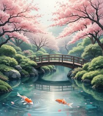 Vibrant Digital Illustration Koi Fish Swimming Tranquil River Cherry Blossom Trees Wooden Bridge - Serene Spring Nature Landscape Wellness Meditation Backgrounds
