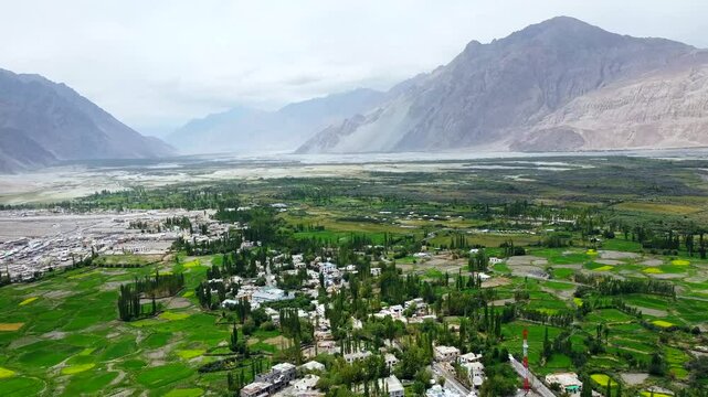 An aerial view of the Diskit village in Nubra Valley. Diskit is a village and headquarters of the Nubra tehsil and the Nubra subdivision in the Leh district of Ladakh, India.