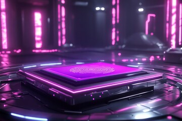 Futuristic Neon Circuit Board with Vibrant Pink Glow in Dark Space