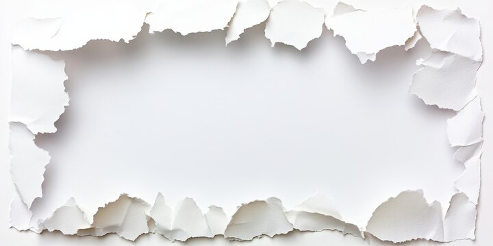 A piece of white torn paper featuring a distinct hole at its center, highlighting texture and contrast in a minimalist design.