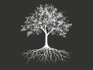 Silhouette of a tree with roots on a black background.