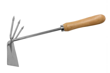 Two-pronged gardening hoe with double square head and multifunctional trident made of stainless steel and with wooden handle, cut out