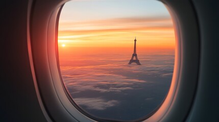 Stunning Aerial View of Eiffel Tower at Sunset From Airplane Window