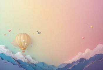 Obraz premium Modern Minimalist Digital Illustration Whimsical Hot Air Balloons Pastel Gradient Sky Clouds - Spring Travel Promotions Event Marketing Materials
