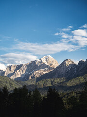 Fototapeta premium A breathtaking view of a rugged mountain range near Tarvisio, Italy, with snow-capped peaks and lush green forests under a bright blue sky. A serene and untouched natural landscape.