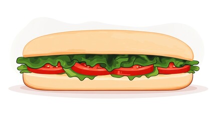 Delicious sub sandwich with fresh lettuce and tomato on a soft bread, isolated on white background.