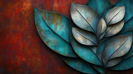 Obraz premium Teal metal leaves elegantly arranged against a rich red textured background. AI Generated